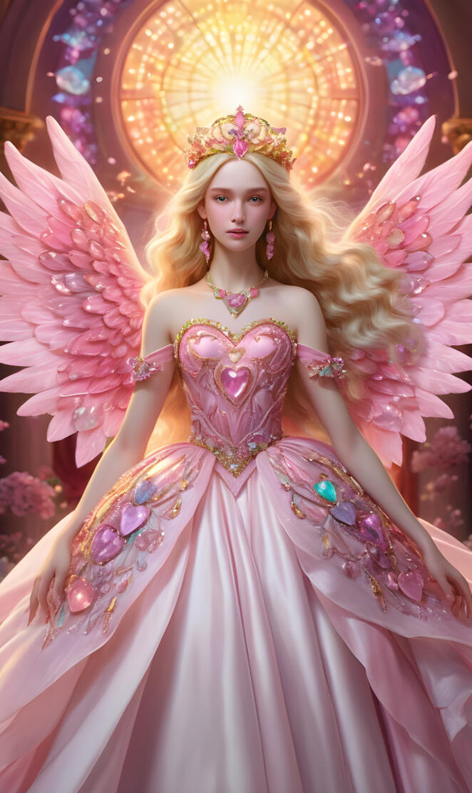 full moon angel, loving and caring, rainbow wings, heart ballgown