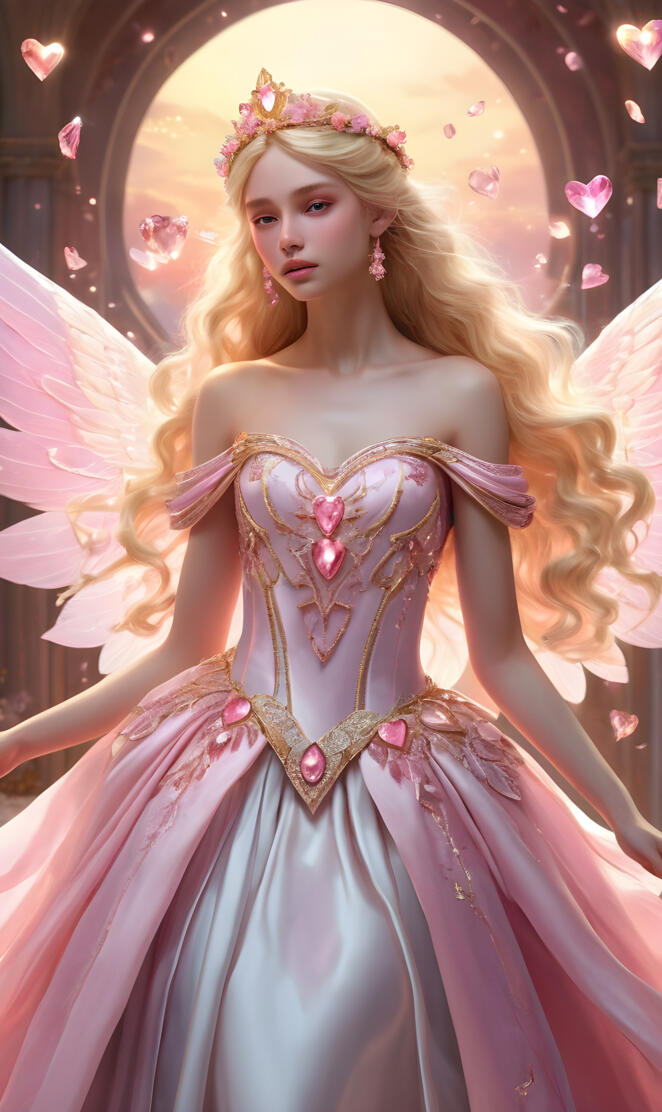 full moon angel, loving and caring, pink wings, ballgown