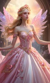 full moon angel, loving and caring, pink wings, ballgown