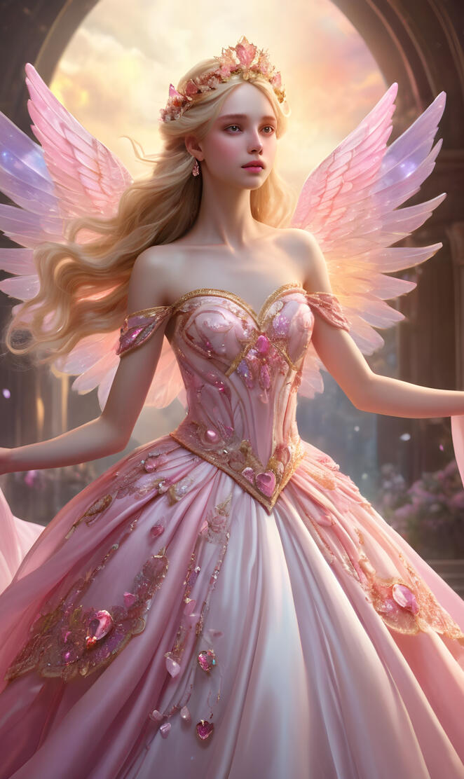 full moon angel, loving and caring, pink wings, ballgown