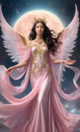 full moon angel, loving and caring, rainbow wings, mermaid gown