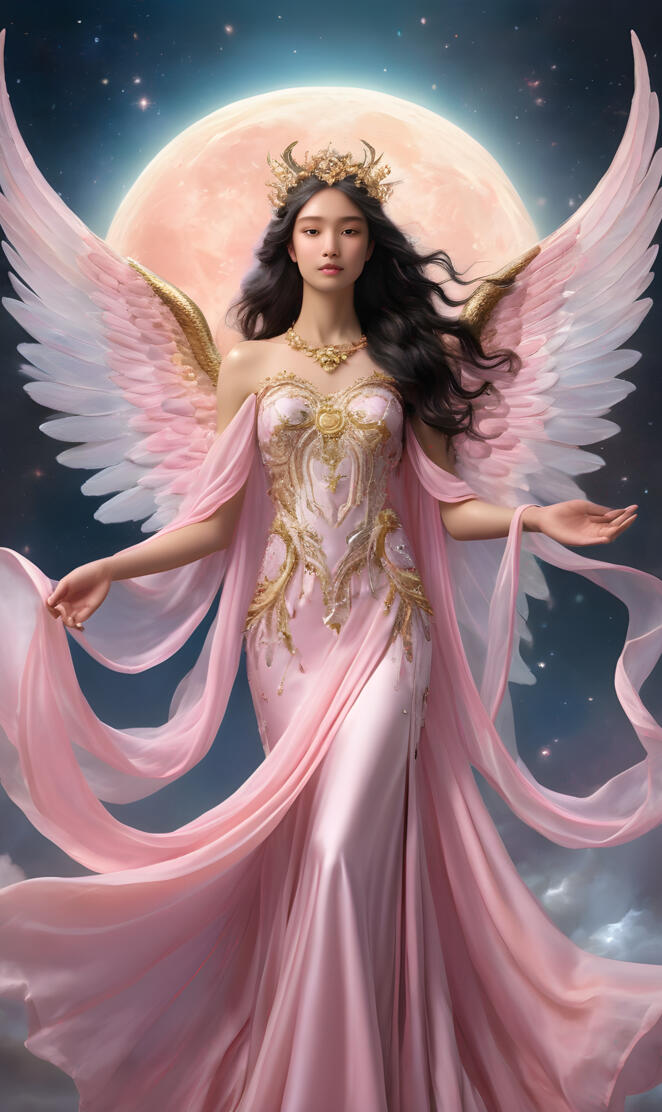 full moon angel, loving and caring, rainbow wings, mermaid gown