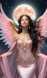 full moon angel, loving and caring, rainbow wings, mermaid gown