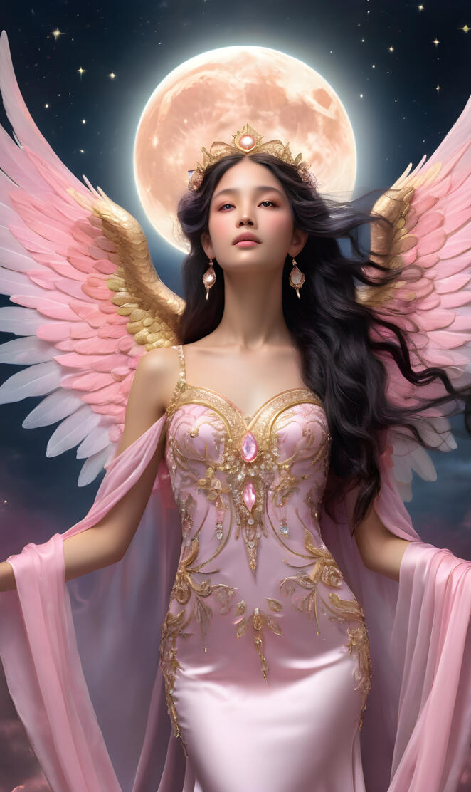 full moon angel, loving and caring, rainbow wings, mermaid gown