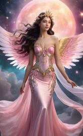 full moon angel, loving and caring, rainbow wings, mermaid gown