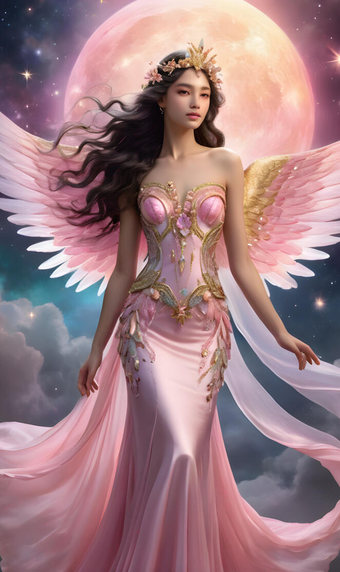 full moon angel, loving and caring, rainbow wings, mermaid gown
