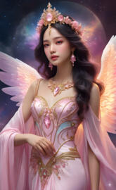 full moon angel, loving and caring, rainbow wings, mermaid gown