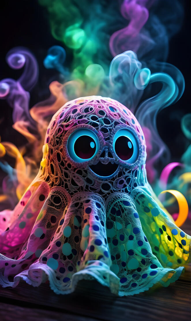 a colorful octopus with a black nose