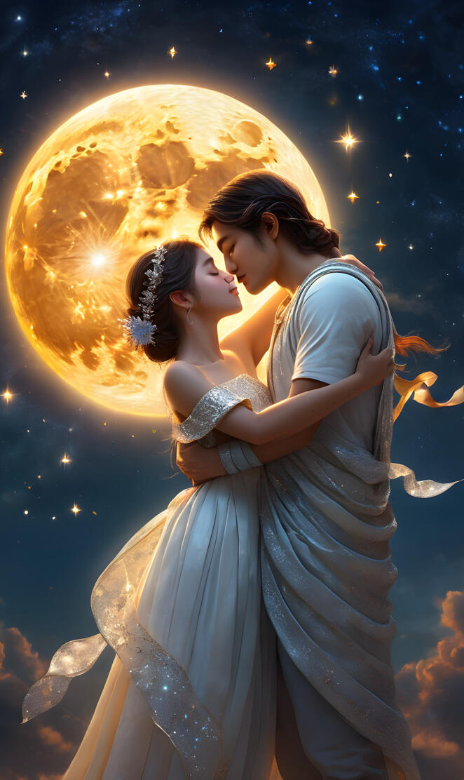 a man and woman kissing in front of a star filled sky