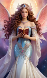 Lady synergy holding Bible, loving, gentle, Angel with silken wings