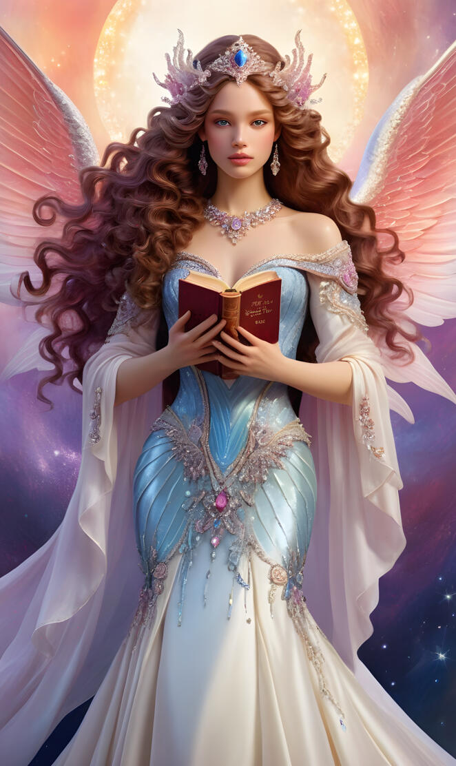 Lady synergy holding Bible, loving, gentle, Angel with silken wings