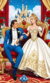 a man and woman sitting on a throne with a crown and a sash