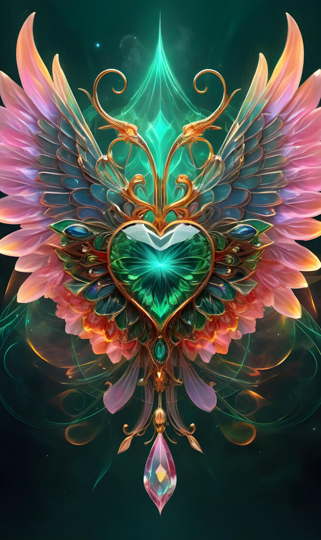 Green crystal heart with wings