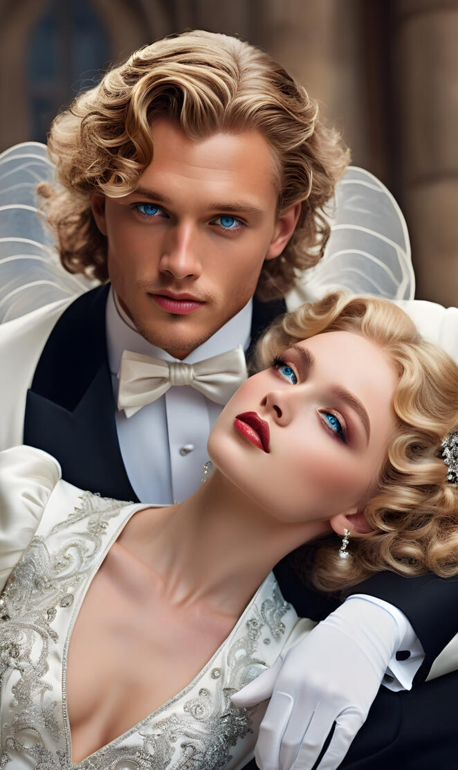 Angel king charming and princess Guinevere, blue eyes, royalty
