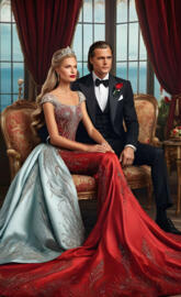 a man and woman sitting on a chair in a fancy dress