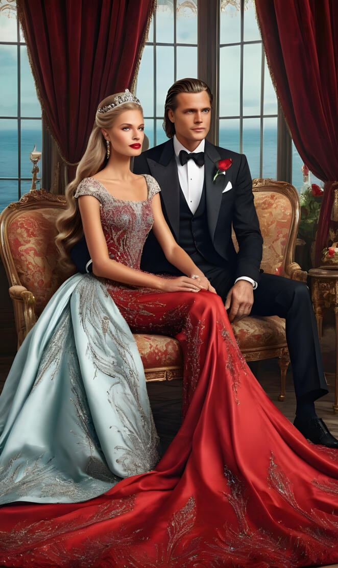 a man and woman sitting on a chair in a fancy dress