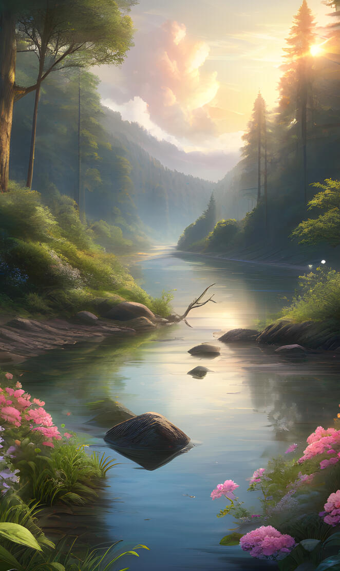 a river with trees and plants around it