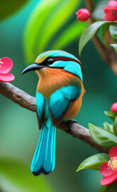 so glowing tiny turquoise browed motmot sitting on camellia tree,