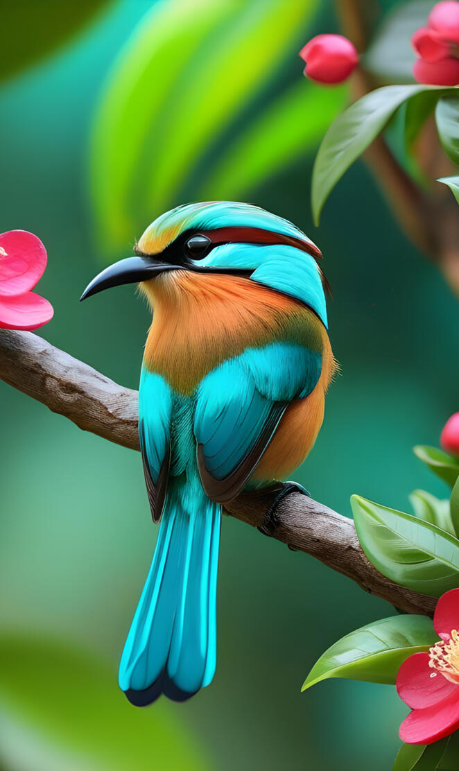 so glowing tiny turquoise browed motmot sitting on camellia tree,