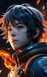 a boy with a black and red jacket and a black and white hood