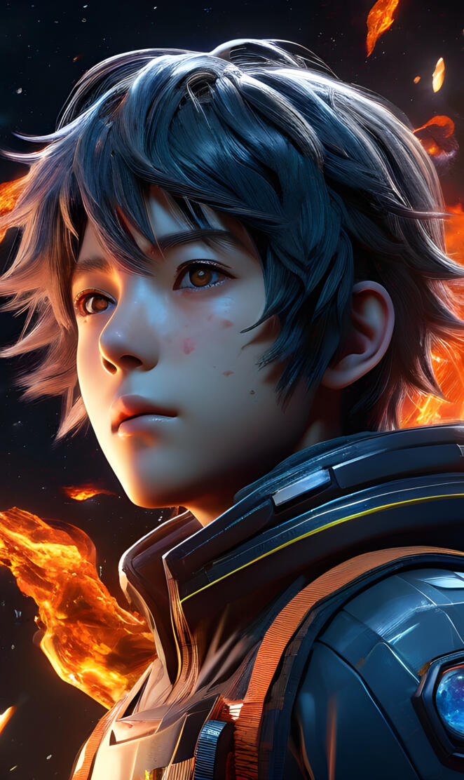 a boy with a black and red jacket and a black and white hood