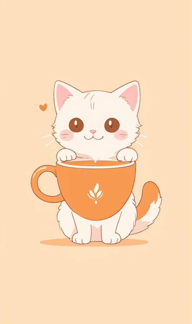 Minimalist simple anime cute cat with coffee logo silhouette, oil pain