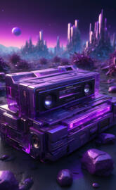 a purple vehicle with a city in the background