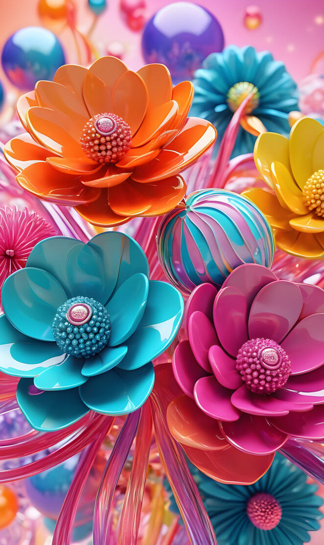 glossy flowers and marbles