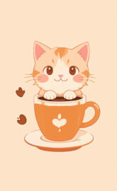 Minimalist simple anime cute cat with coffee logo silhouette, oil pain