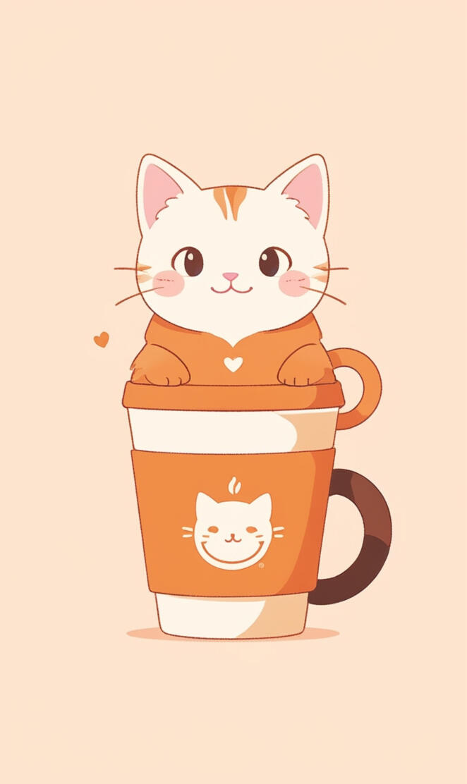 Minimalist simple symbol anime fat cat with coffee logo silhouette, oi