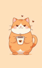 Minimalist simple symbol anime fat cat with coffee logo silhouette, oi