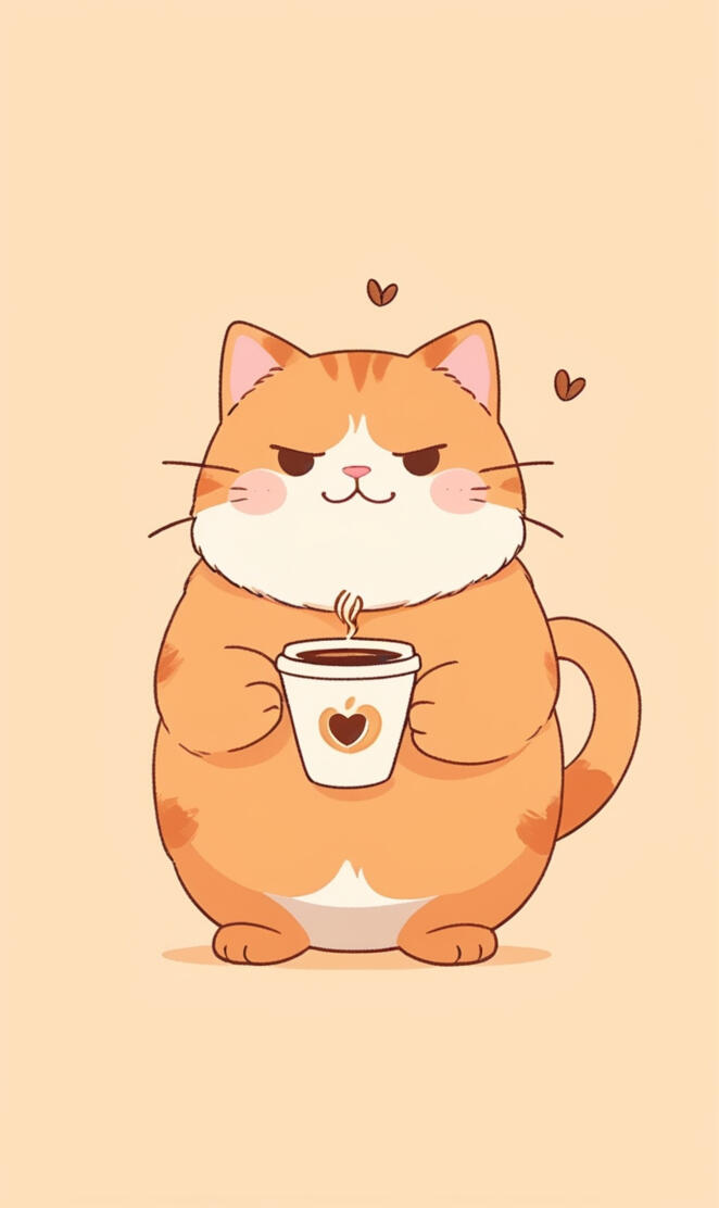 Minimalist simple symbol anime fat cat with coffee logo silhouette, oi