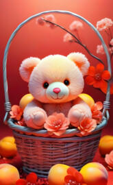 a stuffed animal in a basket of flowers