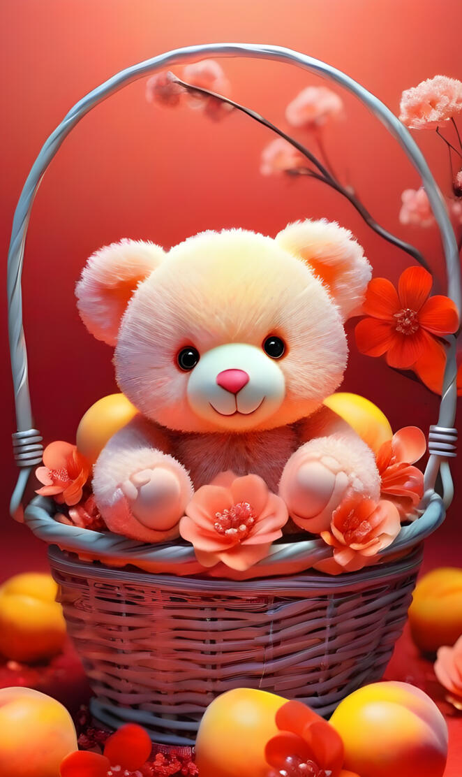 a stuffed animal in a basket of flowers