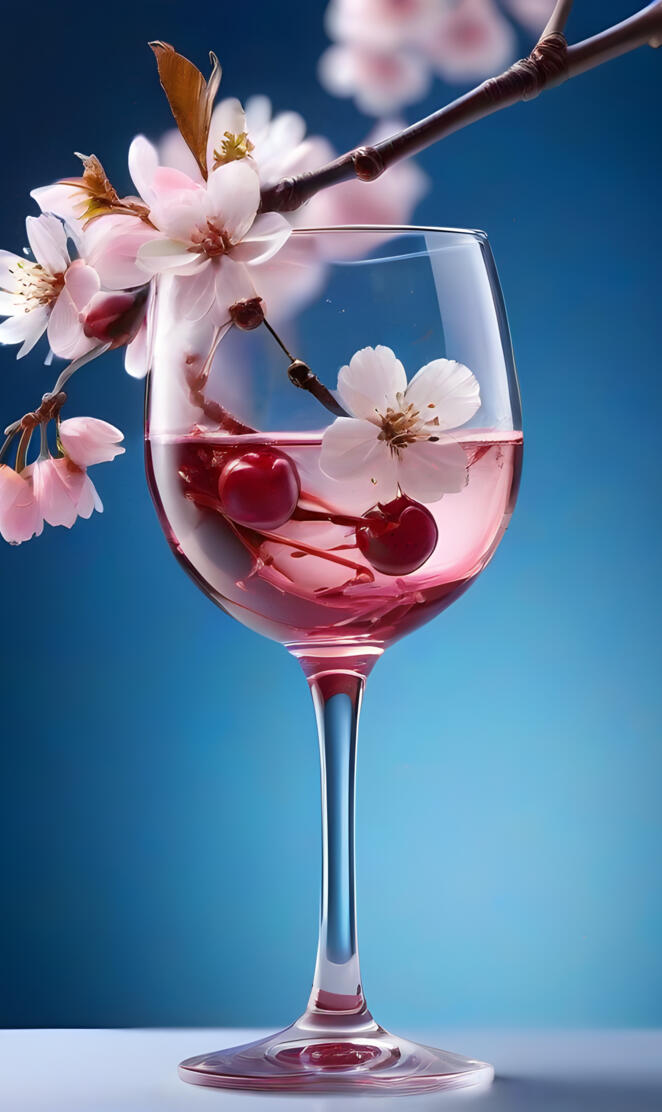 a glass with a drink and cherry blossoms on it