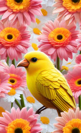 a yellow duck in a bunch of pink flowers