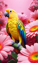 a parrot sitting on a branch with pink flowers