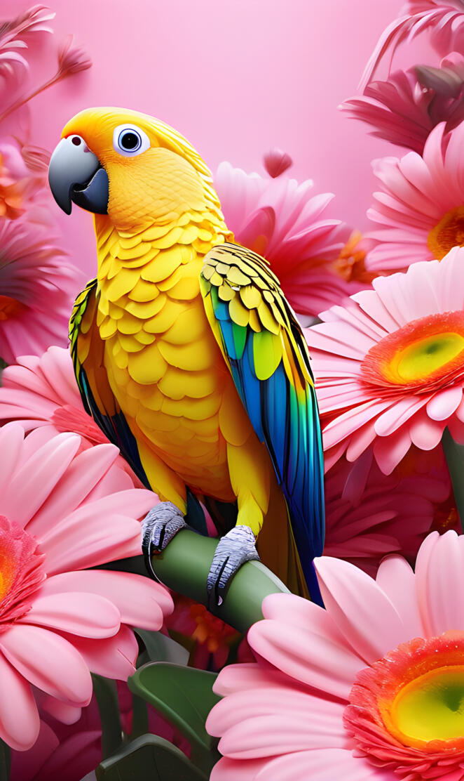 a parrot sitting on a branch with pink flowers