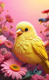 a yellow bird on a branch with pink flowers