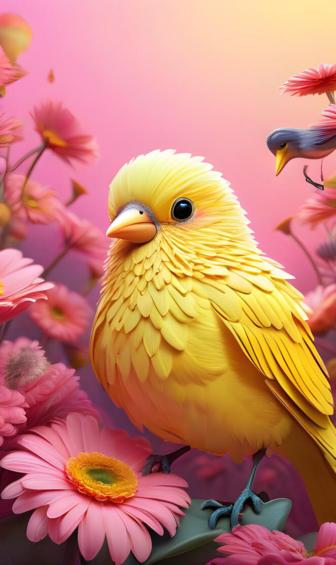 a yellow bird on a branch with pink flowers