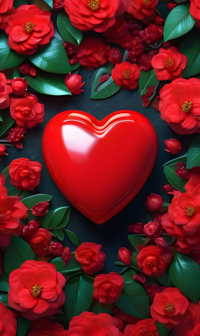 a red bowl surrounded by red flowers