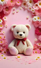 a teddy bear in front of a wall of pink flowers