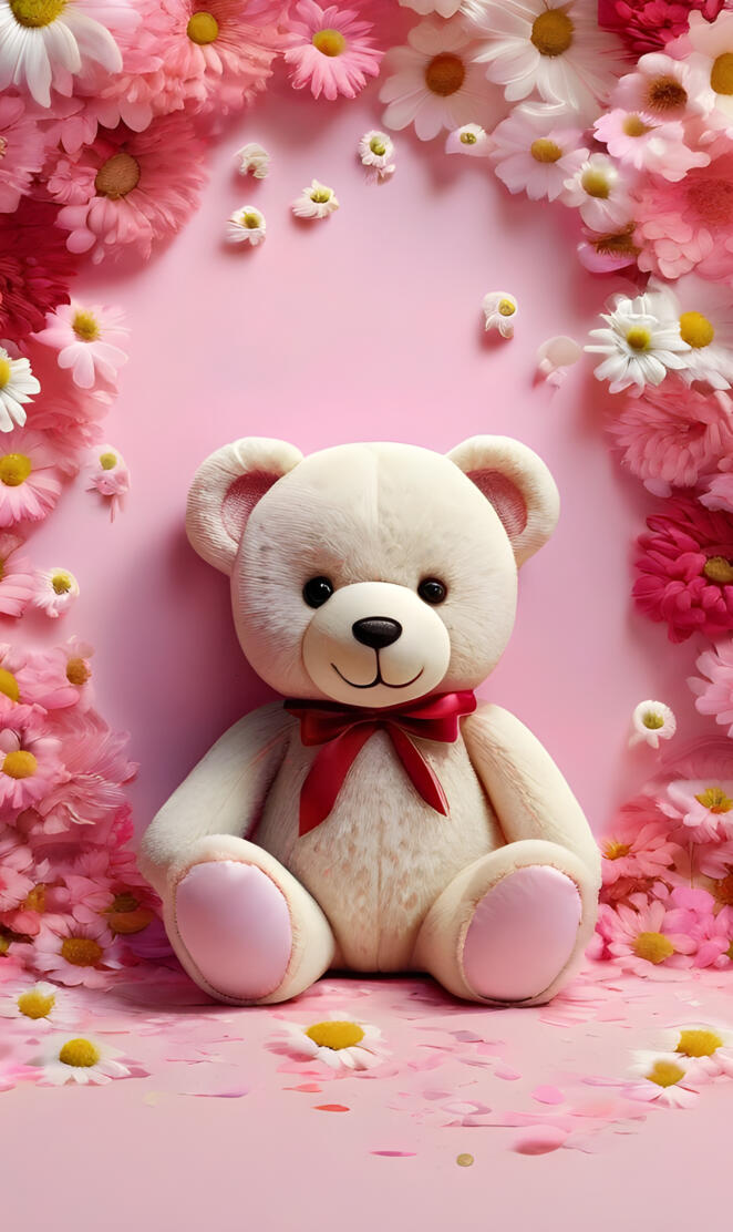 a teddy bear in front of a wall of pink flowers