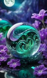 a glass of water surrounded by purple flowers