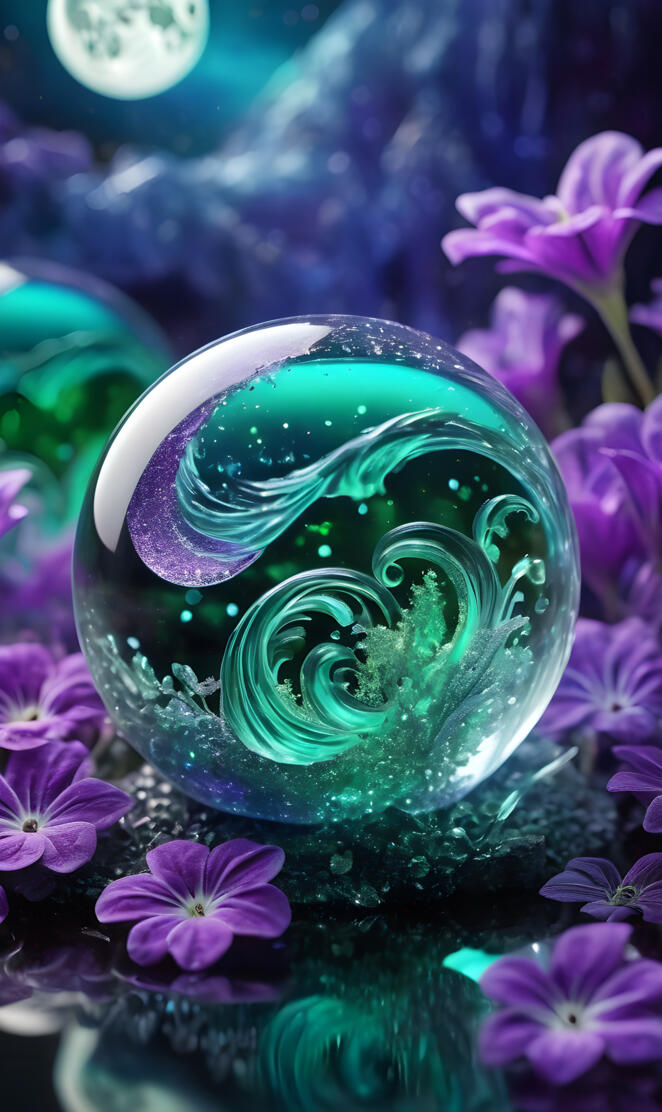 a glass of water surrounded by purple flowers