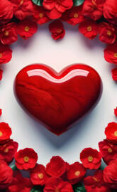 a red heart shaped object surrounded by red flowers