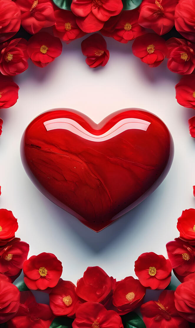 a red heart shaped object surrounded by red flowers
