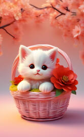 a cat in a basket with flowers