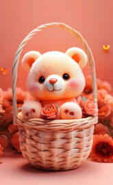 a small stuffed animal in a basket