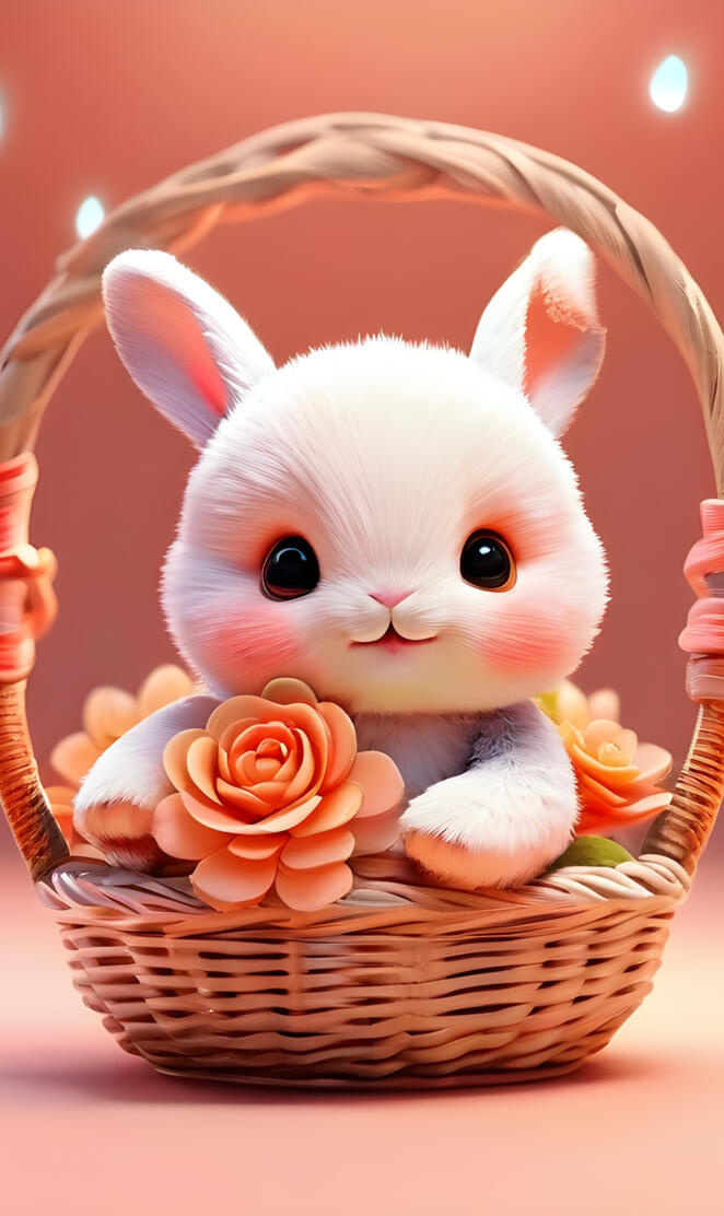 a small white bunny in a basket